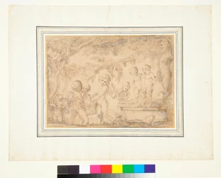 Putti e satiri infanti che spremono uva