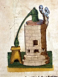 Alchimia: Apparato per la distillazione. Incisione da un libro di Pietro Andrea Mattioli (Matthiole) (1500-1577). Francoforte