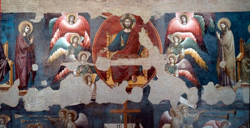 Il Giudizio Universale. Cristo in trono è circondato da angeli. Dettaglio. Affresco di Pietro de Cerroni, detto Cavallini (attivo intorno al 1273-1321), 1293, Roma, Santa Cecilia in Trastevere