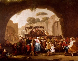 Scena di danza e festa popolare a Napoli, dettaglio. Danzatori di tarantella (tarantella, tarantella). Pietro Fabris (attivo tra il 1763 e il 1776), XVIII secolo, Napoli, Museo Nazionale di San Martino