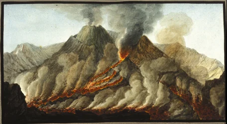Il Vesuvio in eruzione. Questa gouache è stata realizzata da Pierre Fabris, su richiesta di Sir William Hamilton, ambasciatore inglese a Napoli. Bibl. Braidense, Milano.