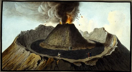 Il Vesuvio in eruzione. Questa gouache è stata realizzata da Pierre Fabris, su richiesta di Sir William Hamilton, ambasciatore inglese a Napoli. Bibl. Braidense, Milano.
