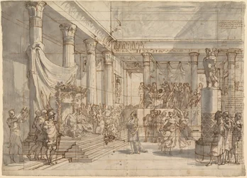 Timoteo che suona la lira davanti ad Alessandro e Taide nella sala del palazzo di Persepoli