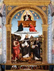 Odigitria Madonna con i Santi Giovanni Battista, Antonino di Firenze e Nicola da Tolentino, firmato e datato
