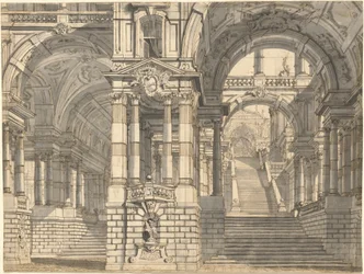 Fantasia di cortili magnifici e logge con una scala monumentale