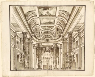 Fantasia di una grande sala con colonne a intreccio