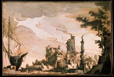 Porto marittimo, scenografia per una rappresentazione teatrale, 1818