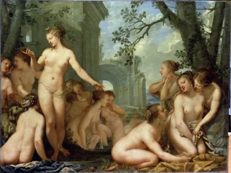 Diana e Callisto. Mitologia greca: Diana scopre la gravidanza della ninfa Callisto, incinta di Zeus. Dipinto di Pietro Liberi (1614-1687). Arte barocca. Museo dell