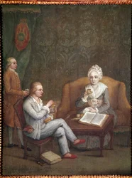 Ritratto di Adriana Giustinian con suo figlio Gerolamo Ascanio che prende cioccolata calda. Dipinto di Pietro Longhi (1702-1785) circa 1779. Venezia, Ca
