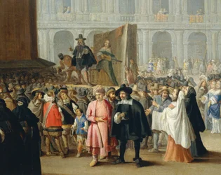 Rappresentazione di comici durante il Carnevale in Piazza San Marco a Venezia, dalla Scuola di Pietro Longhi, (dettaglio)