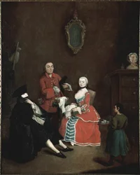 La visita in maschera: il personaggio Vetu in maschera Bauta del costume veneziano è composto da mantello nero, tricorno nero e maschera bianca - Visita in maschera Bauta. Dipinto di Pietro Longhi (1702-1785), circa 1760. Dimensioni 62 x 50 cm. Venezia