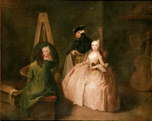 Lo studio del pittore Il pittore davanti al suo cavalletto ritrae una giovane donna. Dipinto di Pietro Longhi (1702-1785) 1740-1745