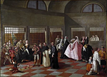 Il salotto del convento. Dipinto della cerchia di Pietro Longhi (1702-1785), 1750, dimensioni 96 x 131 cm, Ca