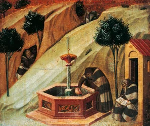 Carmelitano che attinge acqua dalla sorgente del profeta Elia (dettaglio)