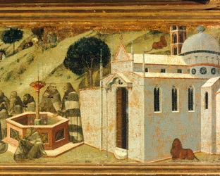I primi eremiti carmelitani alla Fonte di Elia, dettaglio della predella della pala d