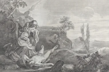 Adamo ed Eva a sinistra, come coppia anziana, in lutto sul cadavere di Abele che giace, 1743-63