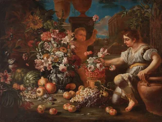 Un ragazzo e un putto tra fiori e frutti