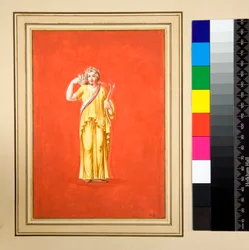 Figura femminile in giallo, arco e freccia nella mano destra