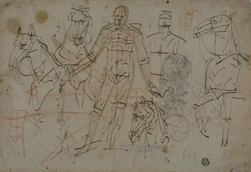 Schizzi di uomini, cavalli e disegni decorativi