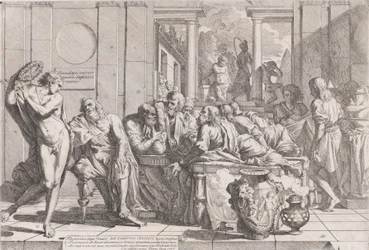 Simposio di Platone: Socrate e i suoi compagni seduti attorno a un tavolo discutendo sull