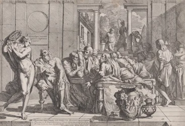 Simposio di Platone: Socrate e i suoi compagni seduti attorno a un tavolo discutendo dell