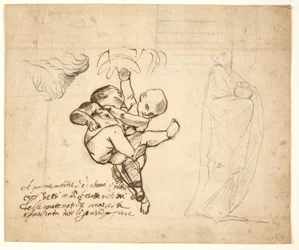 Studio per due putti che giocano, foglie e una figura drappeggiata con un