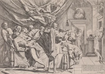 Il suicidio del filosofo Catone, che giace sul suo letto tirando fuori le sue viscere osservato da..., 1648
