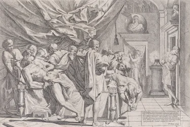 Il suicidio del filosofo Catone, che giace sul letto estraendosi le viscere, osservato da b..., 1648