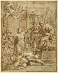 Santa Bibiana giace martirizzata davanti al Prefetto Apronianus