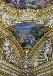 Sala di Apollo, dettaglio del pennacchio raffigurante le muse Talia e Clio (dettaglio)