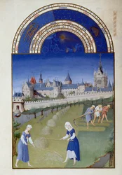 Giugno: fieno. Sullo sfondo, il palazzo della Cappella Santa Miniatura fiamminga di Pol De Limburg (XV secolo) dal manoscritto "Le très riches heures du Duc de Berry"