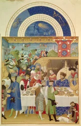 Il Duca di Berry a tavola e il mese di gennaio. Miniatura fiamminga di Pol De Limbourg (XV secolo) dal manoscritto "Le très riches heures du duc de Berry"