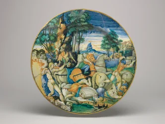 Piatto di maiolica, Apollo che uccide i Figli di Niobe, 1548