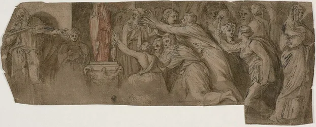 Storia di Niobe: Sacerdoti e adoratori davanti a una statua di Niobe