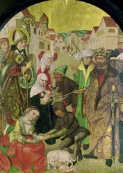 San Stanislao (1030-79) osserva la punizione delle mogli infedeli come comandato dal re Boleslao II (1039-81) pannello dall