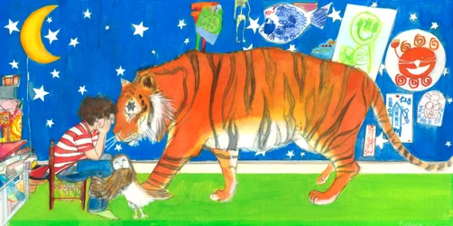Albert Tiger and Owl, 2019 (acquerello e gouache su carta)