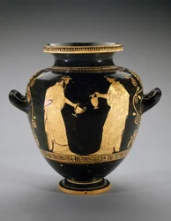 Stamnos a figure rosse con scena di Dioniso con ancella, 440-420 a.C.