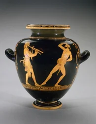 Stamnos a figure rosse con scena di Ercole con satiro, 440-420 a.C.