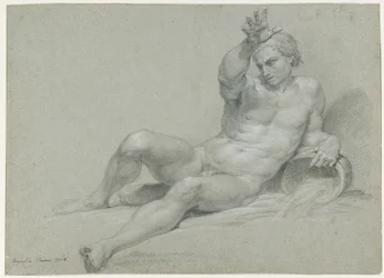 Studio di nudo di un modello maschile disteso, con il braccio destro alzato, nella posa di un antico dio fluviale, veduto obliquamente da sinistra