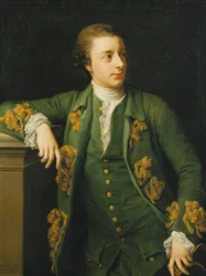 Ritratto di Thomas Fortescue, M.P., in piedi a tre quarti di lunghezza, indossando un cappotto e un panciotto verde, appoggiando il braccio destro su un piedistallo e tenendo un tricorno nella mano sinistra, 1767