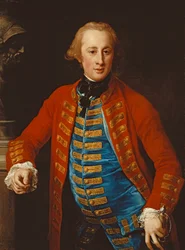 Ritratto di un ufficiale di cavalleria in abito da passeggio, a tre quarti, appoggiato a un piedistallo con un busto di Marte, 1774