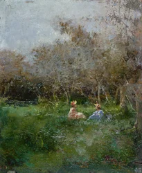 Signore eleganti che riposano in un paesaggio boscoso