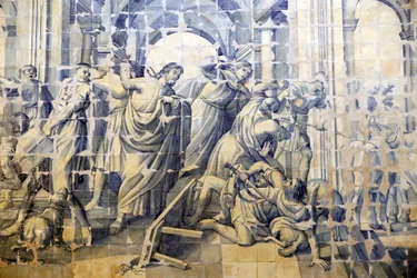 Chiesa della Misericordia. Azulejos. La purificazione del Tempio. Gesù. Evora. Portogallo.