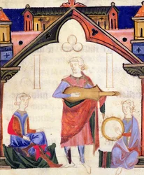 Musicisti che suonano la chitarra e il tamburello, dal Chansonnier des Nobles