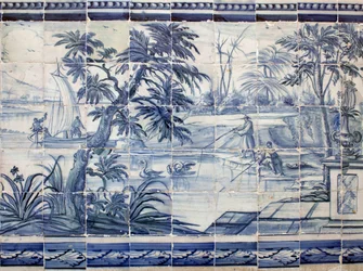Pescatori di lago in Asia - Azulejos, maiolica dipinta