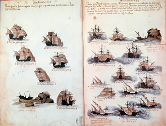 Pagina di manoscritto "Memoriali delle armate del Portogallo sotto il re Manuele I (1469-1521)" rappresentante le flotte portoghesi