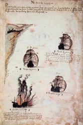 Pagina di manoscritto “Memoriali delle armate del Portogallo sotto il re Manuele I (1469-1521)” che rappresenta le flotte portoghesi dell