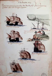 Pagina manoscritta «Memorie delle armate del Portogallo sotto il re Manuele I (1469-1521)», raffigurante le flotte portoghesi dell