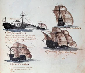 Memorie delle armate navali del Portogallo sotto il re Manuele I (1469-1521): raffigurazione delle caravelle della flotta portoghese. Miniatura da un manoscritto del 1497. Lisbona, Museo nazionale d