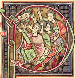 Ms 3088 fol.137r Iniziale istoriata P raffigurante la morte di Giosuè, da una Bibbia, XII-XIII secolo